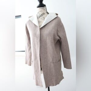 Zara Womens Open Front Cardigan Sweater Size 13 - 14 Beige Pockets Hood Soft